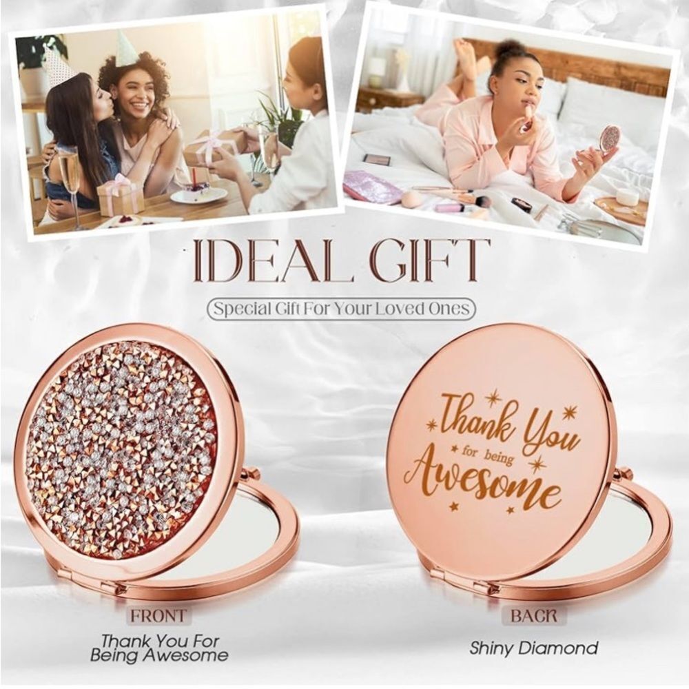 Box of 6 Rose Gold Compact Mirror “Thank You For Being Awesome” with rhinestones - Picture 4 of 5